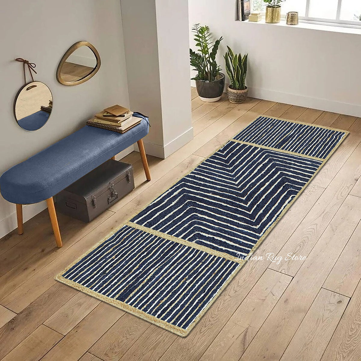 Beige Blue Dhurrie Trendy Design Hand Braided Hallway Jute Rug