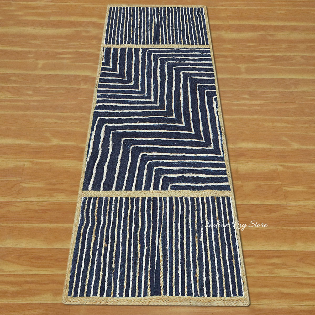 Beige Blue Dhurrie Trendy Design Hand Braided Hallway Jute Rug