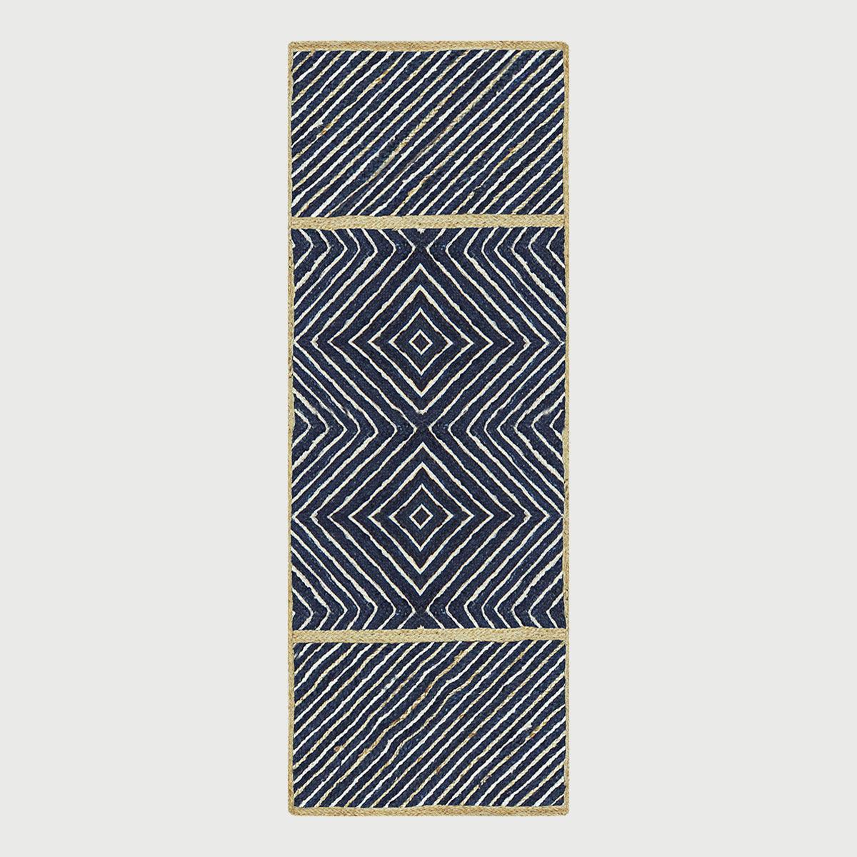 Geometric Hand Braided Beige Blue Entrance Decor Jute Rug - Indian Rug Store