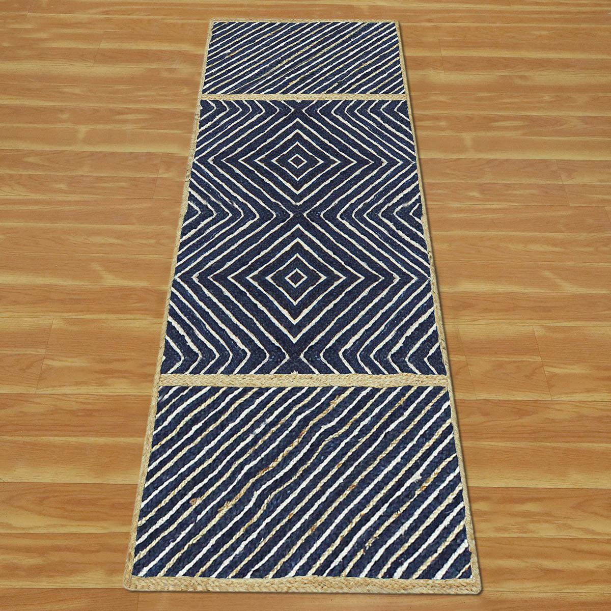 Geometric Hand Braided Beige Blue Entrance Decor Jute Rug - Indian Rug Store