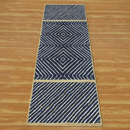 Geometric Hand Braided Beige Blue Entrance Decor Jute Rug - Indian Rug Store