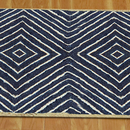 Geometric Hand Braided Beige Blue Entrance Decor Jute Rug - Indian Rug Store