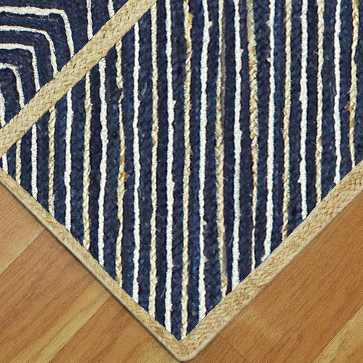 Geometric Hand Braided Beige Blue Entrance Decor Jute Rug - Indian Rug Store