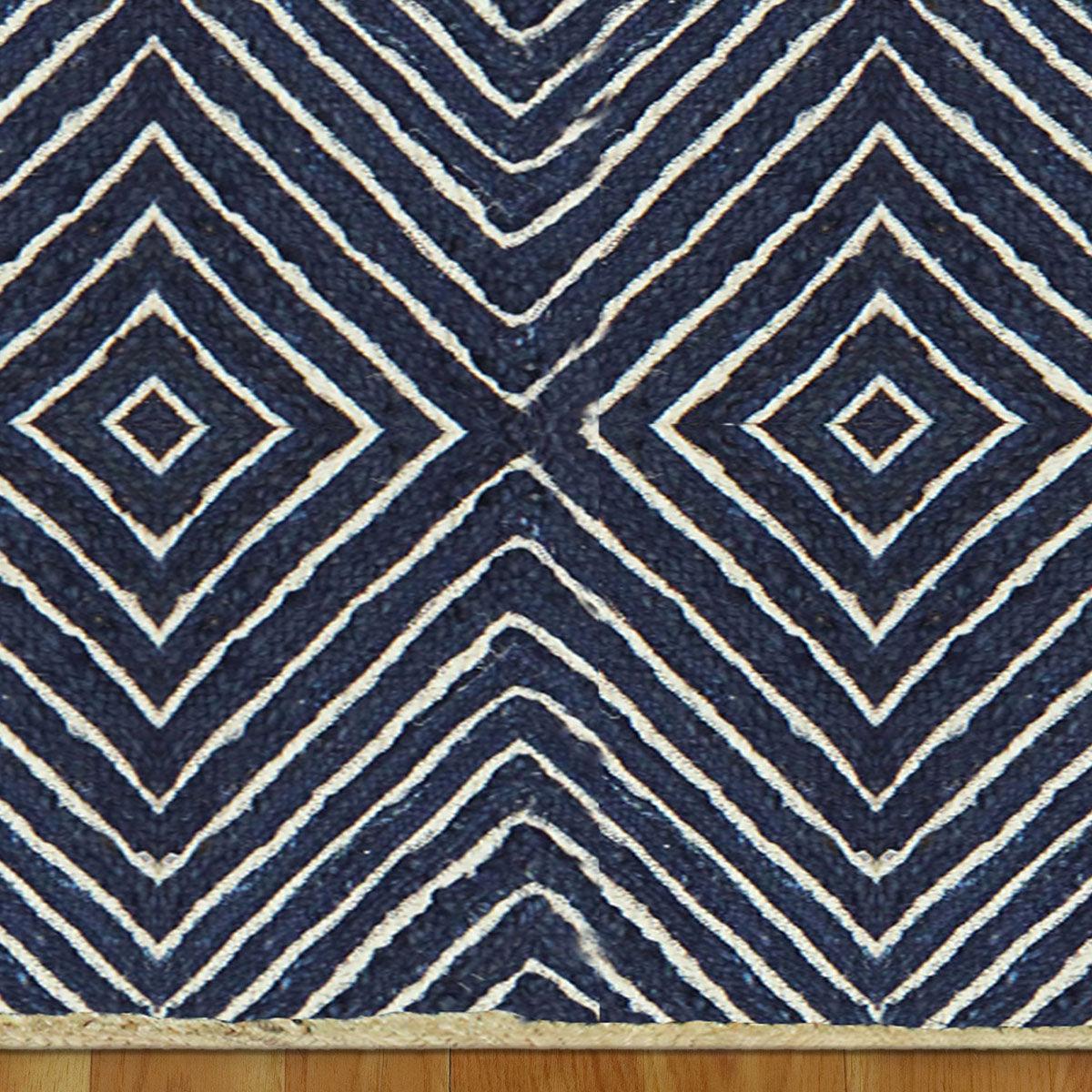 Geometric Hand Braided Beige Blue Entrance Decor Jute Rug - Indian Rug Store