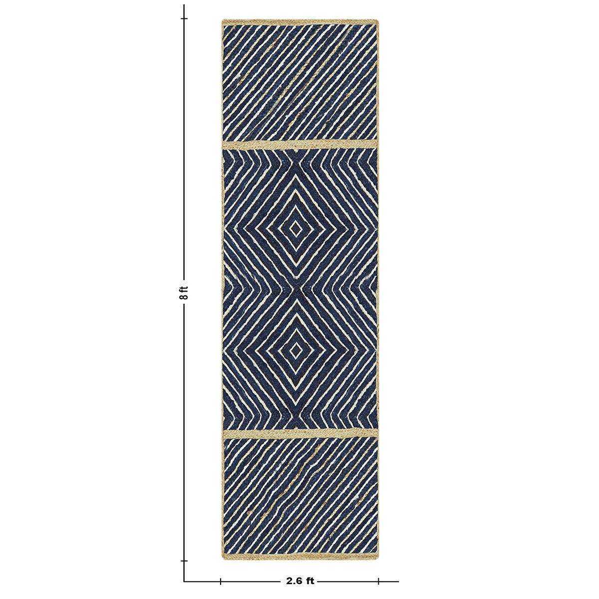 Geometric Hand Braided Beige Blue Entrance Decor Jute Rug - Indian Rug Store