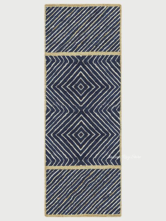 Geometric Hand Braided Beige Blue Entrance Decor Jute Rug