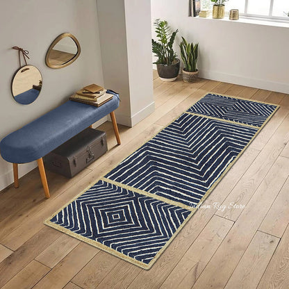 Home Decor Beige Blue Hand Braided Geometric Jute Rug