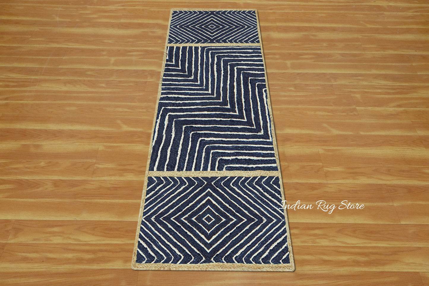 Home Decor Beige Blue Hand Braided Geometric Jute Rug