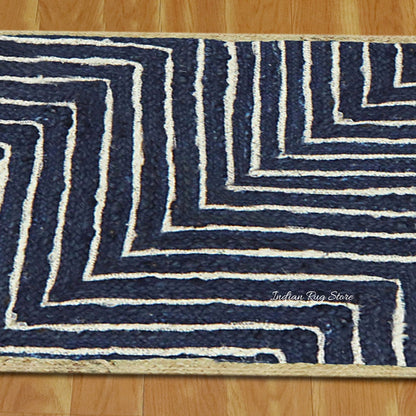 Home Decor Beige Blue Hand Braided Geometric Jute Rug