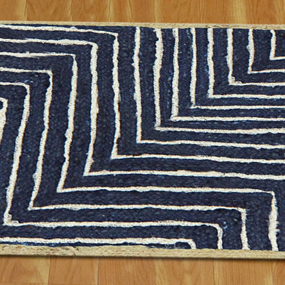 Home Decor Beige Blue Hand Braided Geometric Jute Rug - Indian Rug Store