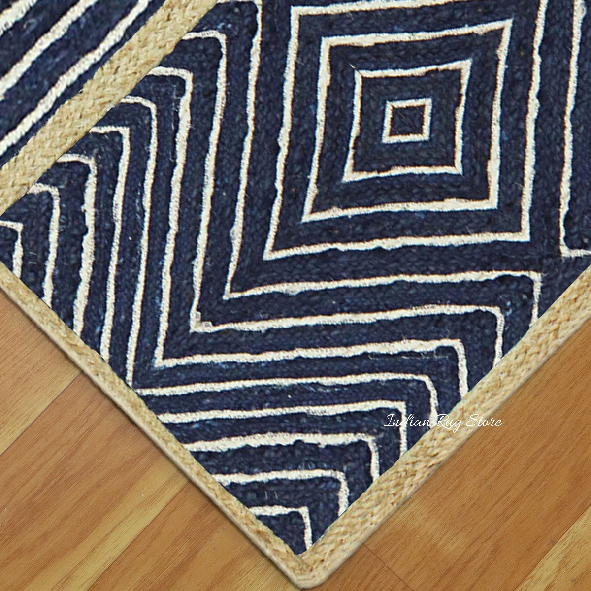 Home Decor Beige Blue Hand Braided Geometric Jute Rug