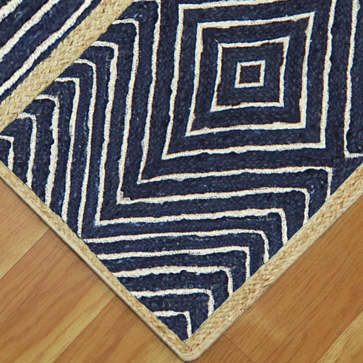 Home Decor Beige Blue Hand Braided Geometric Jute Rug - Indian Rug Store