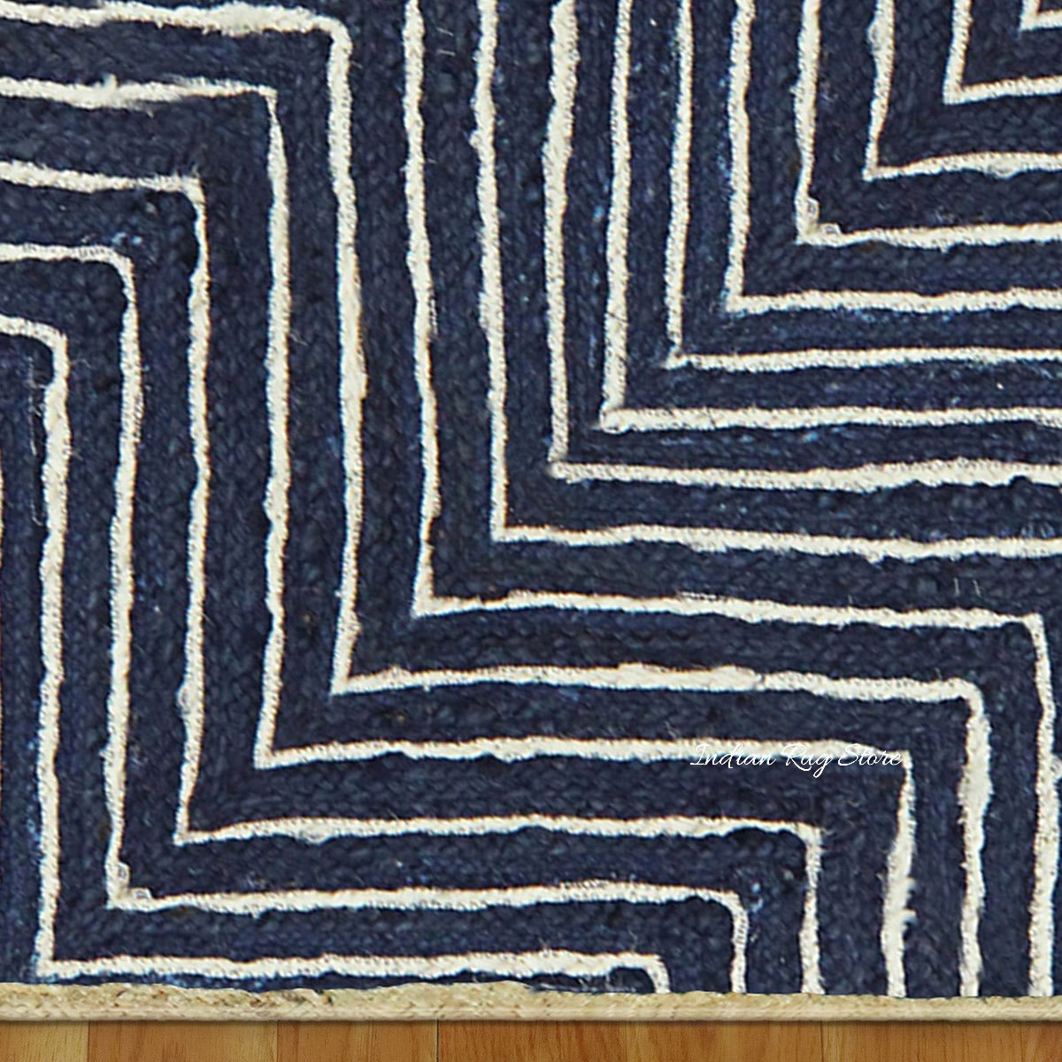 Home Decor Beige Blue Hand Braided Geometric Jute Rug