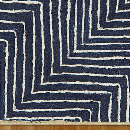 Home Decor Beige Blue Hand Braided Geometric Jute Rug