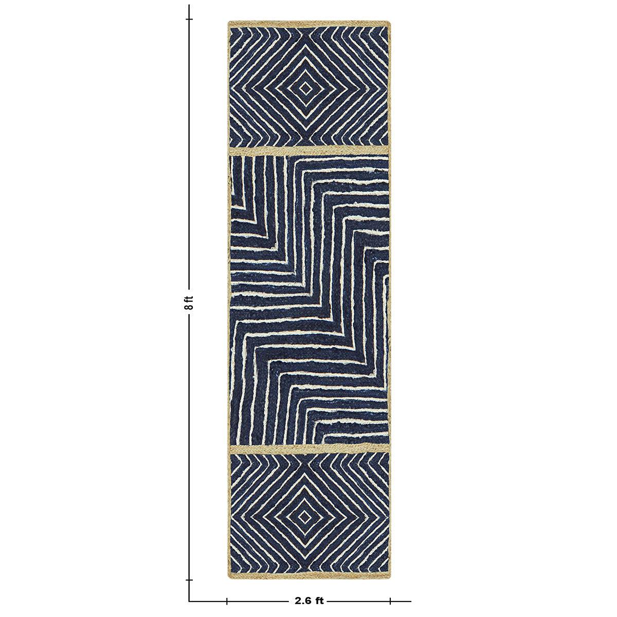 Home Decor Beige Blue Hand Braided Geometric Jute Rug - Indian Rug Store