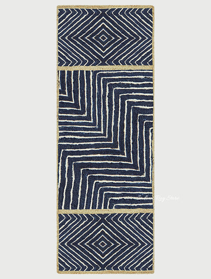 Home Decor Beige Blue Hand Braided Geometric Jute Rug