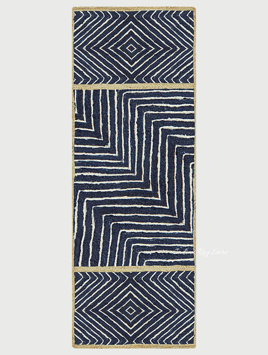 Home Decor Beige Blue Hand Braided Geometric Jute Rug