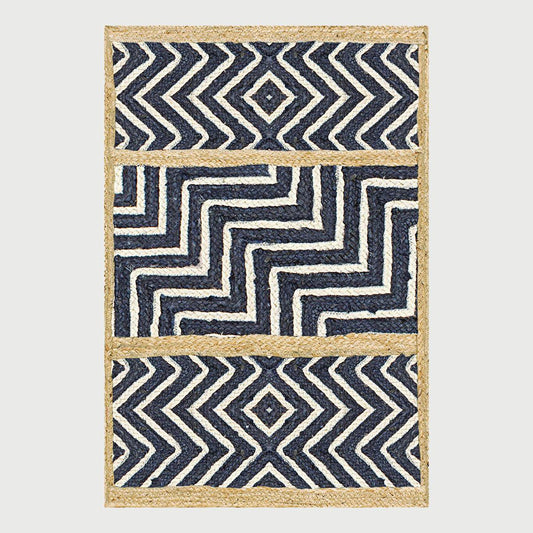 Geometric Hand Braided Blue Beige Living Area Jute Rug - Indian Rug Store