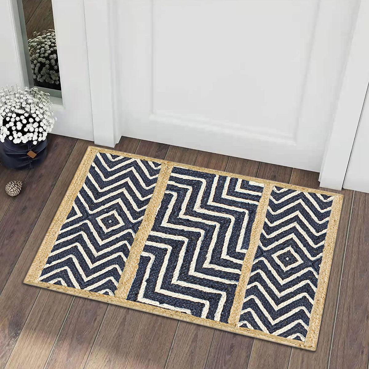 Geometric Hand Braided Blue Beige Living Area Jute Rug - Indian Rug Store