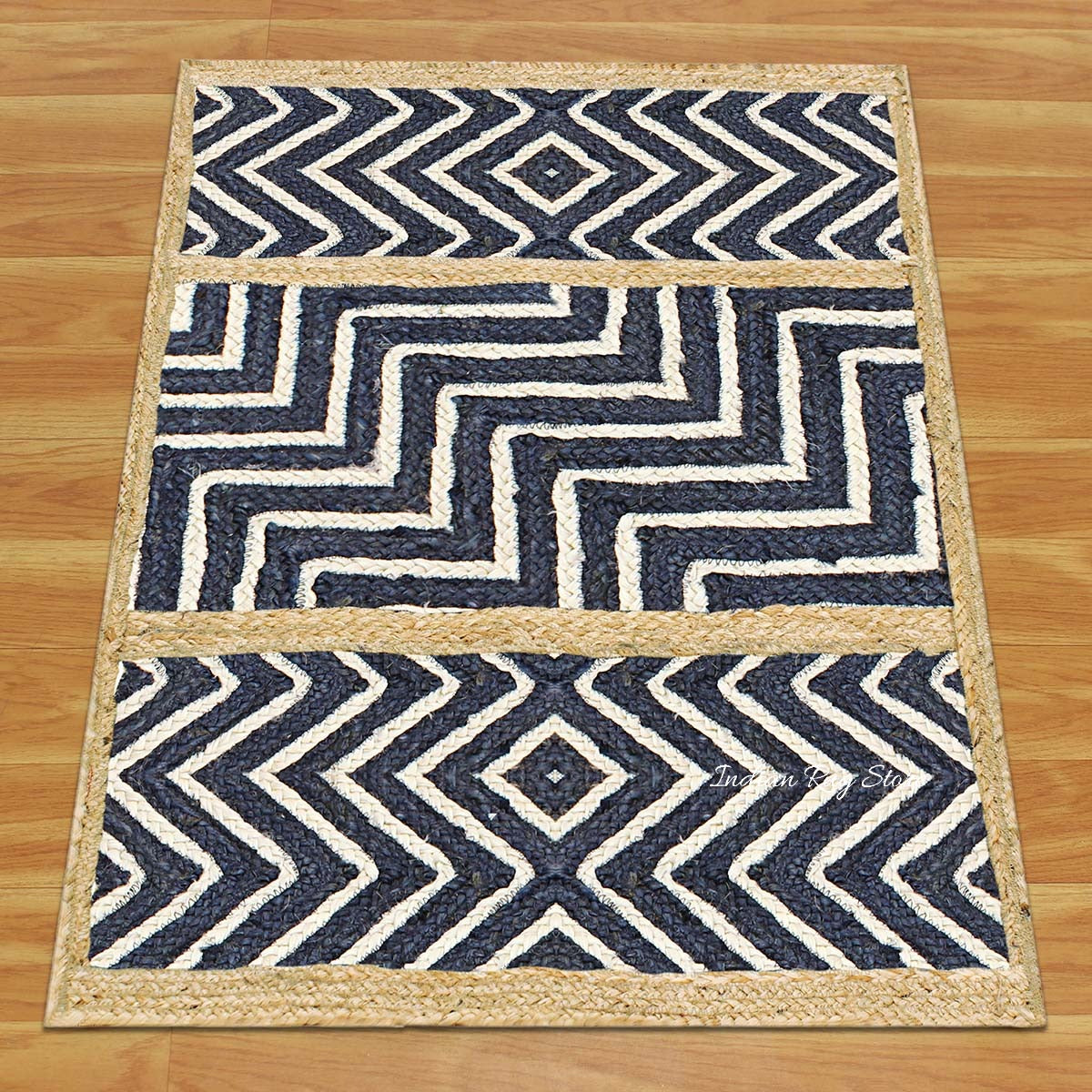 Geometric Hand Braided Blue Beige Living Area Jute Rug