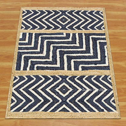 Geometric Hand Braided Blue Beige Living Area Jute Rug