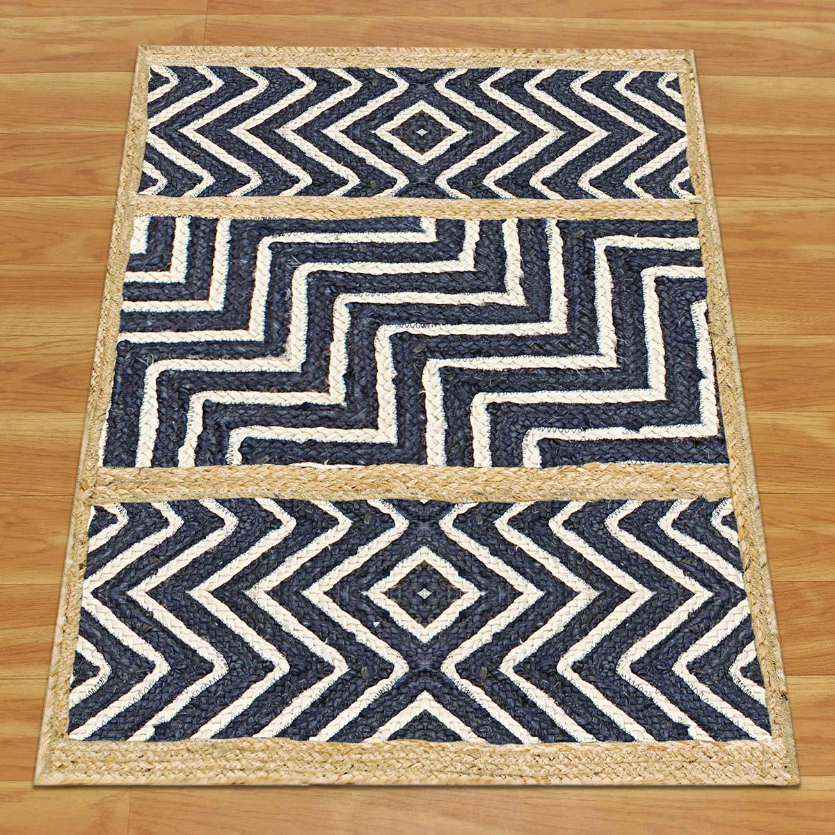 Geometric Hand Braided Blue Beige Living Area Jute Rug - Indian Rug Store