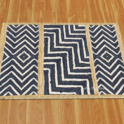 Geometric Hand Braided Blue Beige Living Area Jute Rug