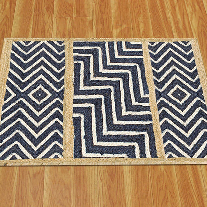 Geometric Hand Braided Blue Beige Living Area Jute Rug - Indian Rug Store