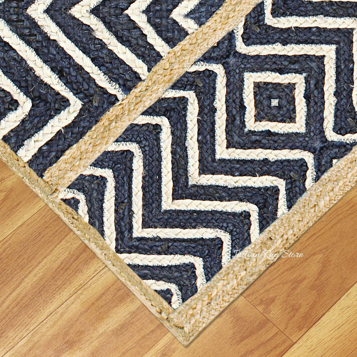 Geometric Hand Braided Blue Beige Living Area Jute Rug