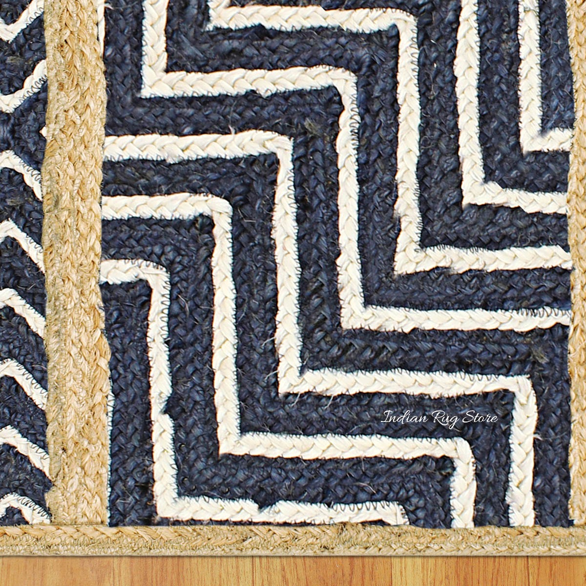 Geometric Hand Braided Blue Beige Living Area Jute Rug