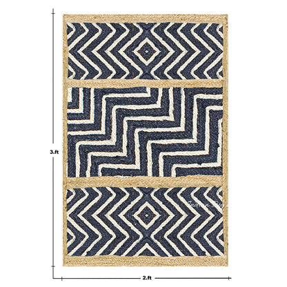 Geometric Hand Braided Blue Beige Living Area Jute Rug