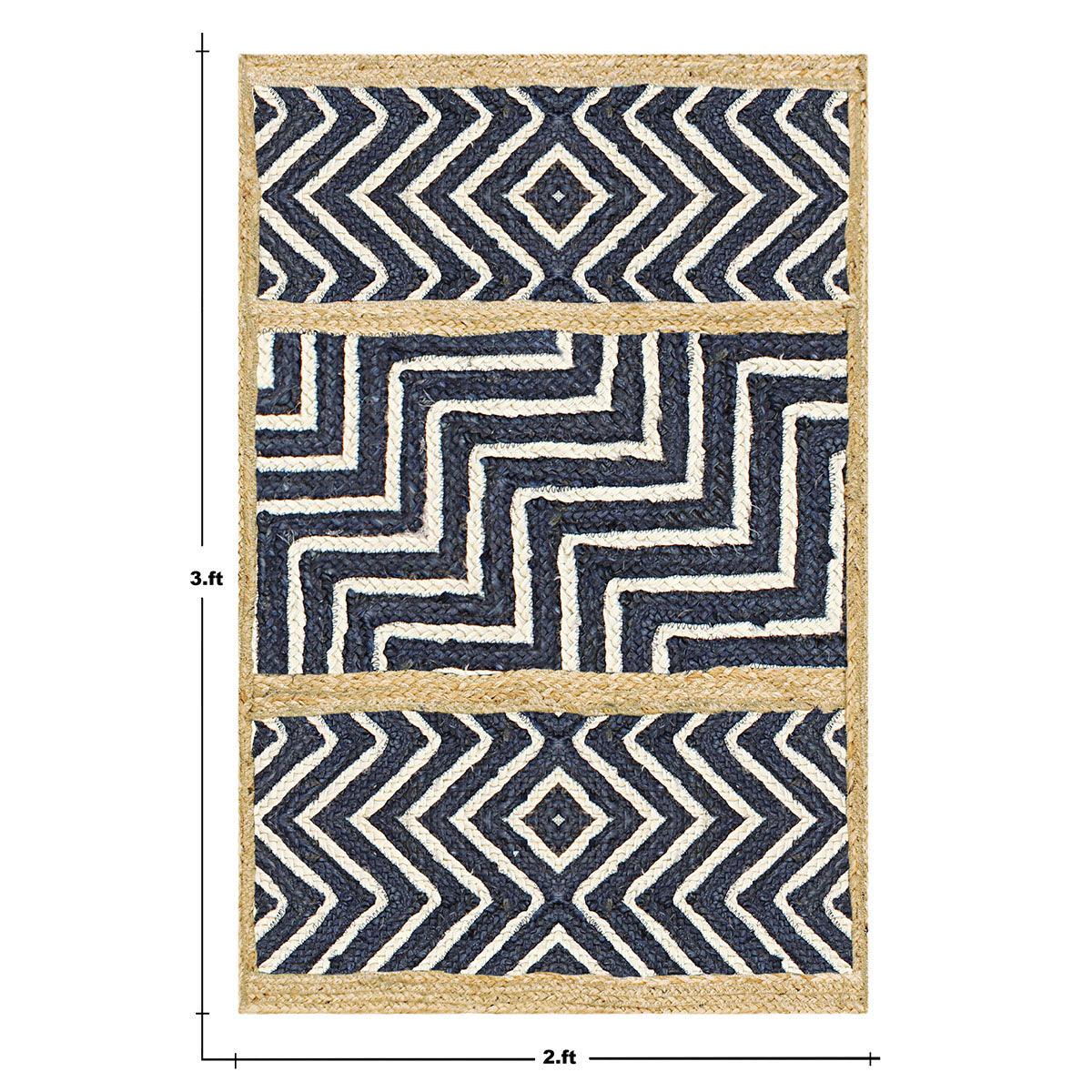 Geometric Hand Braided Blue Beige Living Area Jute Rug - Indian Rug Store