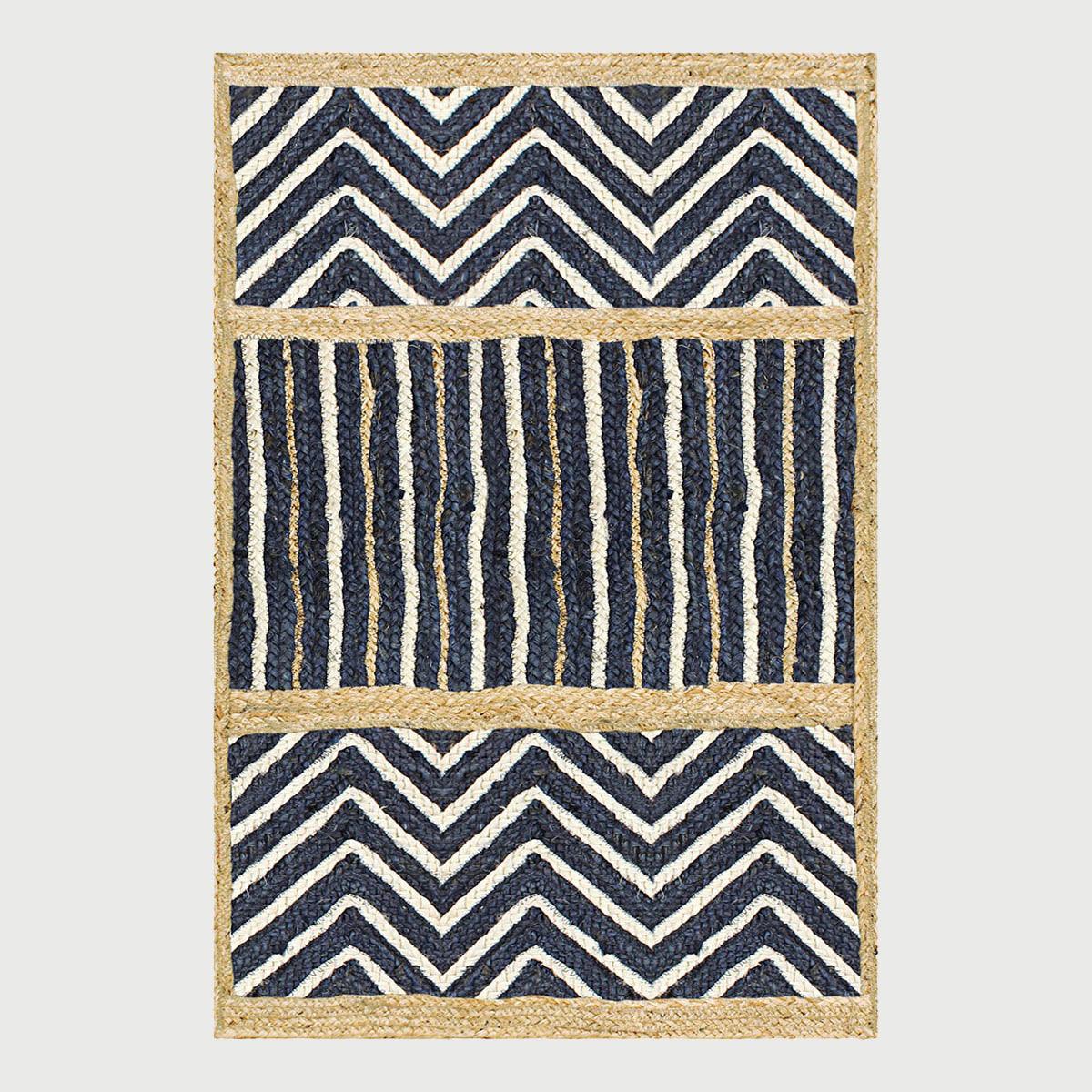 Blue Beige Geometric Hand Braided Strips Design Bedroom Jute Rug - Indian Rug Store