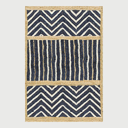 Blue Beige Geometric Hand Braided Strips Design Bedroom Jute Rug - Indian Rug Store