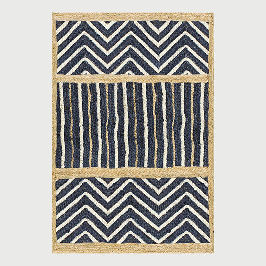 Blue Beige Geometric Hand Braided Strips Design Bedroom Jute Rug - Indian Rug Store