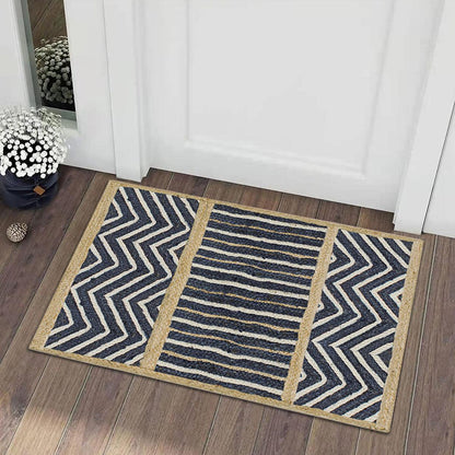 Blue Beige Geometric Hand Braided Strips Design Bedroom Jute Rug - Indian Rug Store