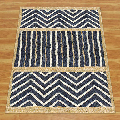 Blue Beige Geometric Hand Braided Strips Design Bedroom Jute Rug - Indian Rug Store