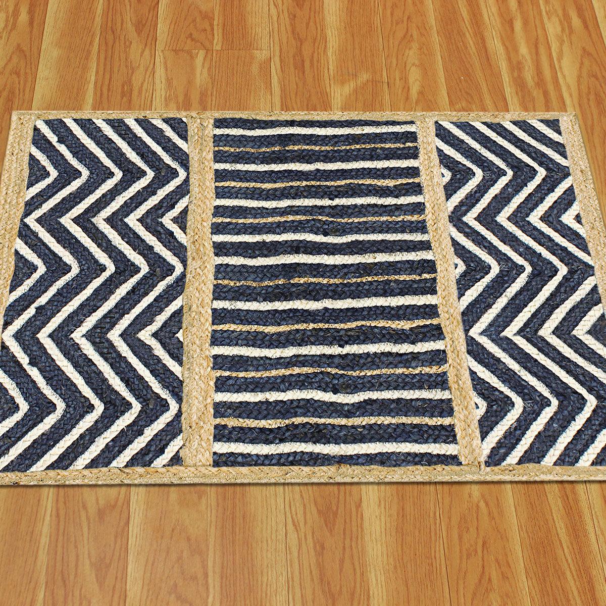 Blue Beige Geometric Hand Braided Strips Design Bedroom Jute Rug - Indian Rug Store