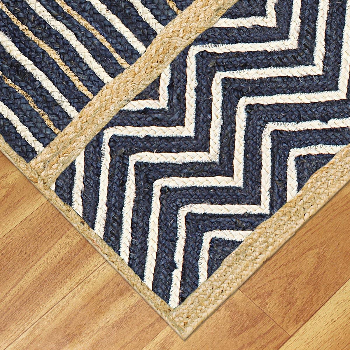 Blue Beige Geometric Hand Braided Strips Design Bedroom Jute Rug - Indian Rug Store