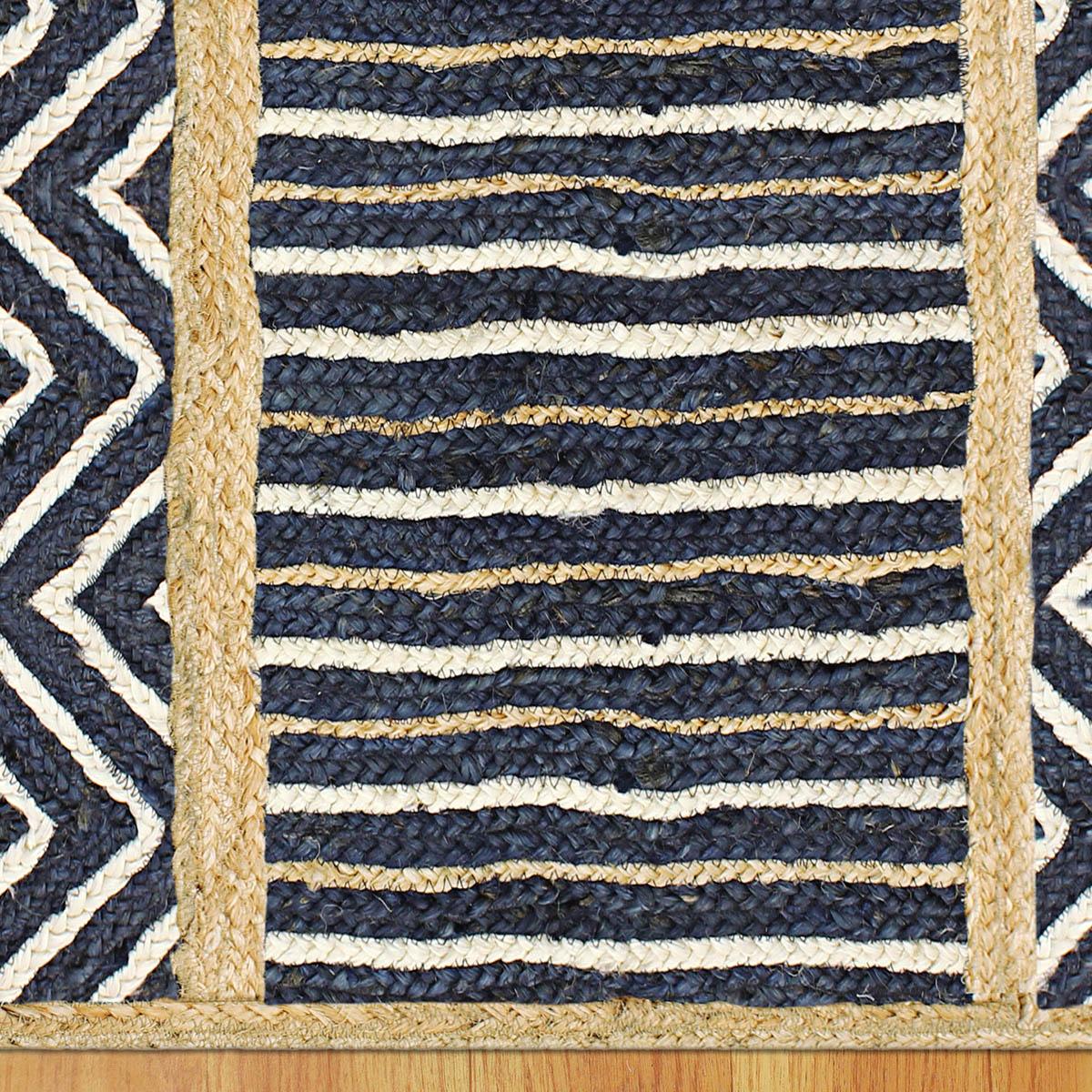 Blue Beige Geometric Hand Braided Strips Design Bedroom Jute Rug - Indian Rug Store