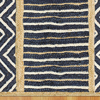 Blue Beige Geometric Hand Braided Strips Design Bedroom Jute Rug - Indian Rug Store