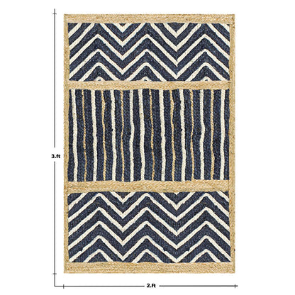 Blue Beige Geometric Hand Braided Strips Design Bedroom Jute Rug - Indian Rug Store