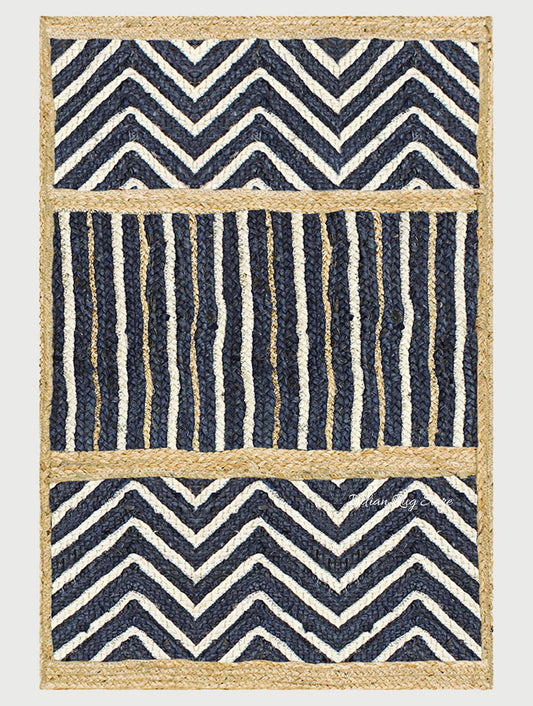 Blue Beige Geometric Hand Braided Strips Design Bedroom Jute Rug