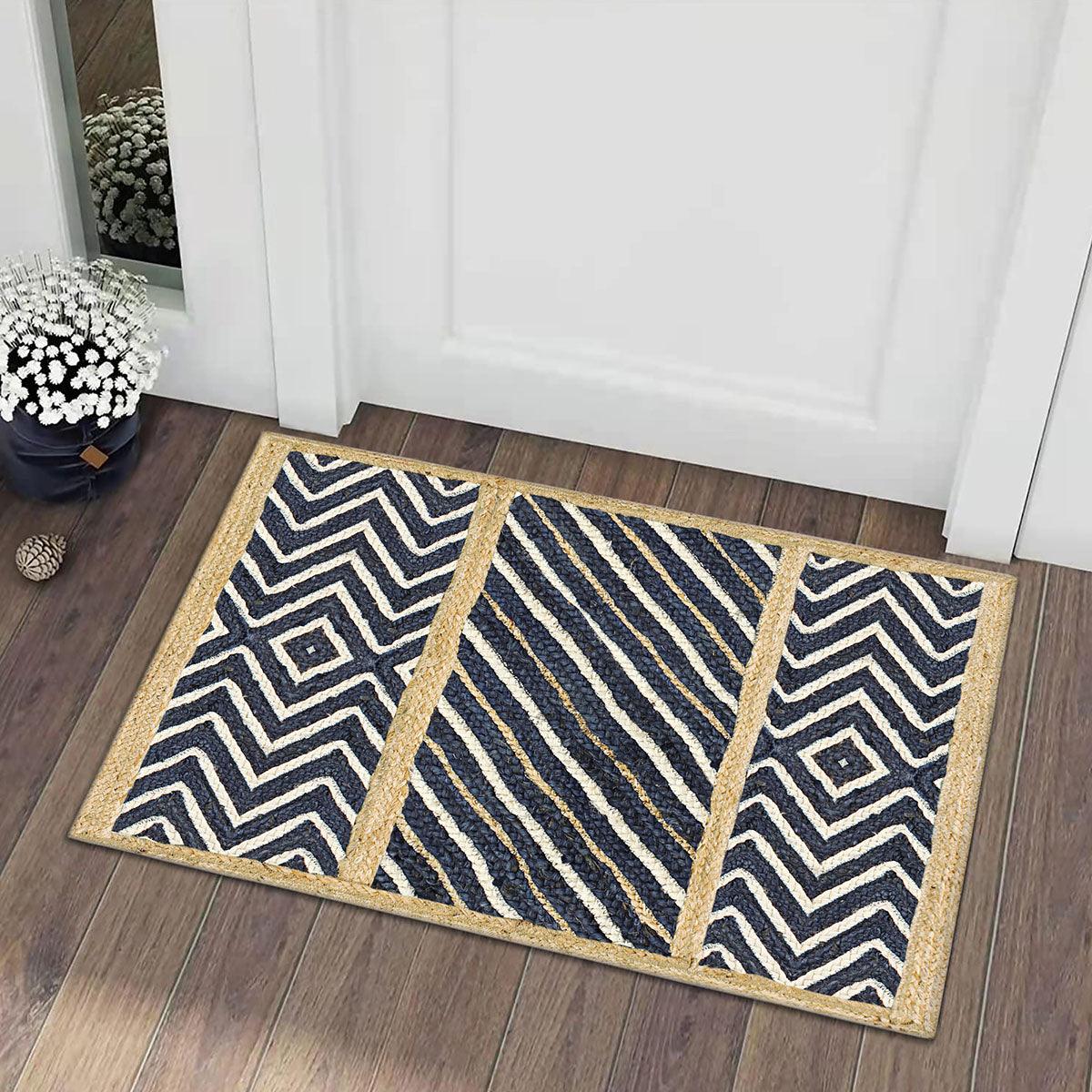 Hand Braided Trendy Design Beige Blue Entrance Decor Jute Rug - Indian Rug Store