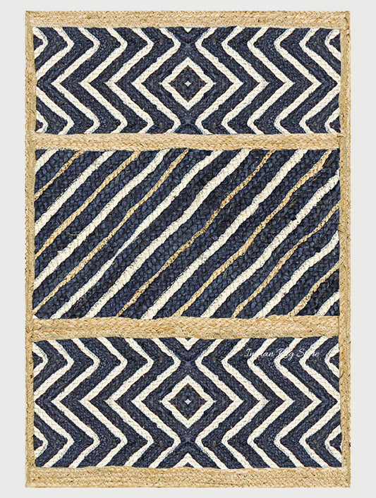 Hand Braided Trendy Design Beige Blue Entrance Decor Jute Rug