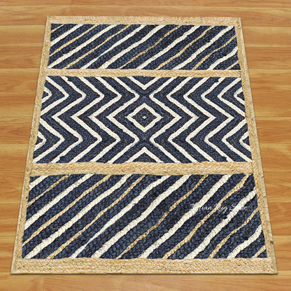 Hand Braided Traditional Beige Blue Dining Room Jute Rug