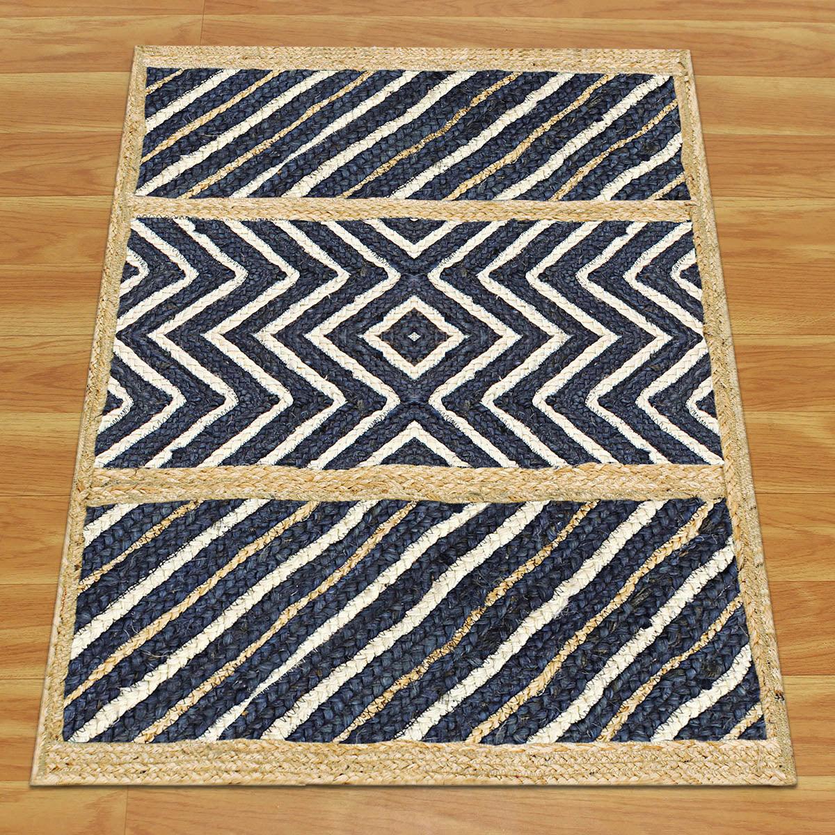 Hand Braided Traditional Beige Blue Dining Room Jute Rug - Indian Rug Store