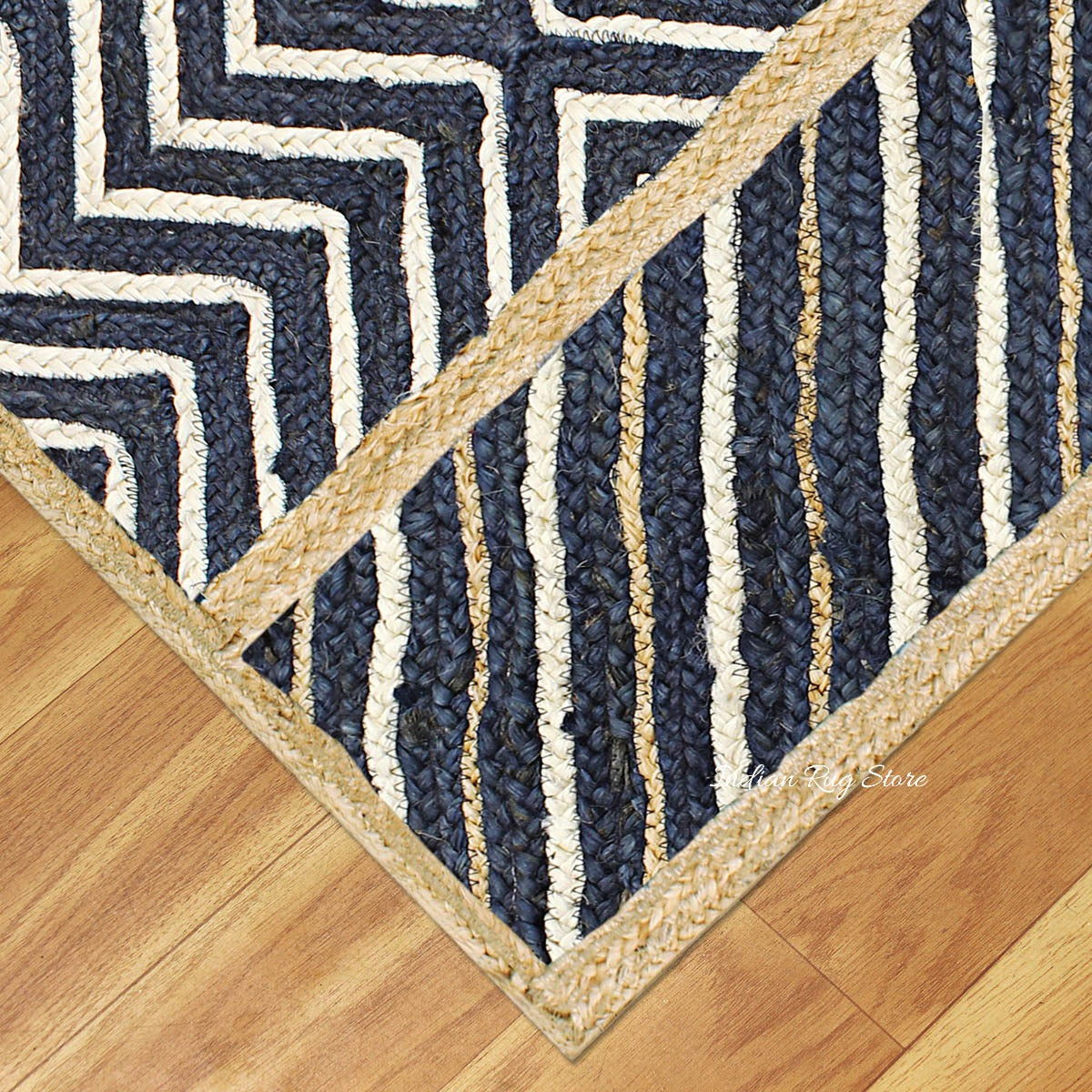 Hand Braided Traditional Beige Blue Dining Room Jute Rug