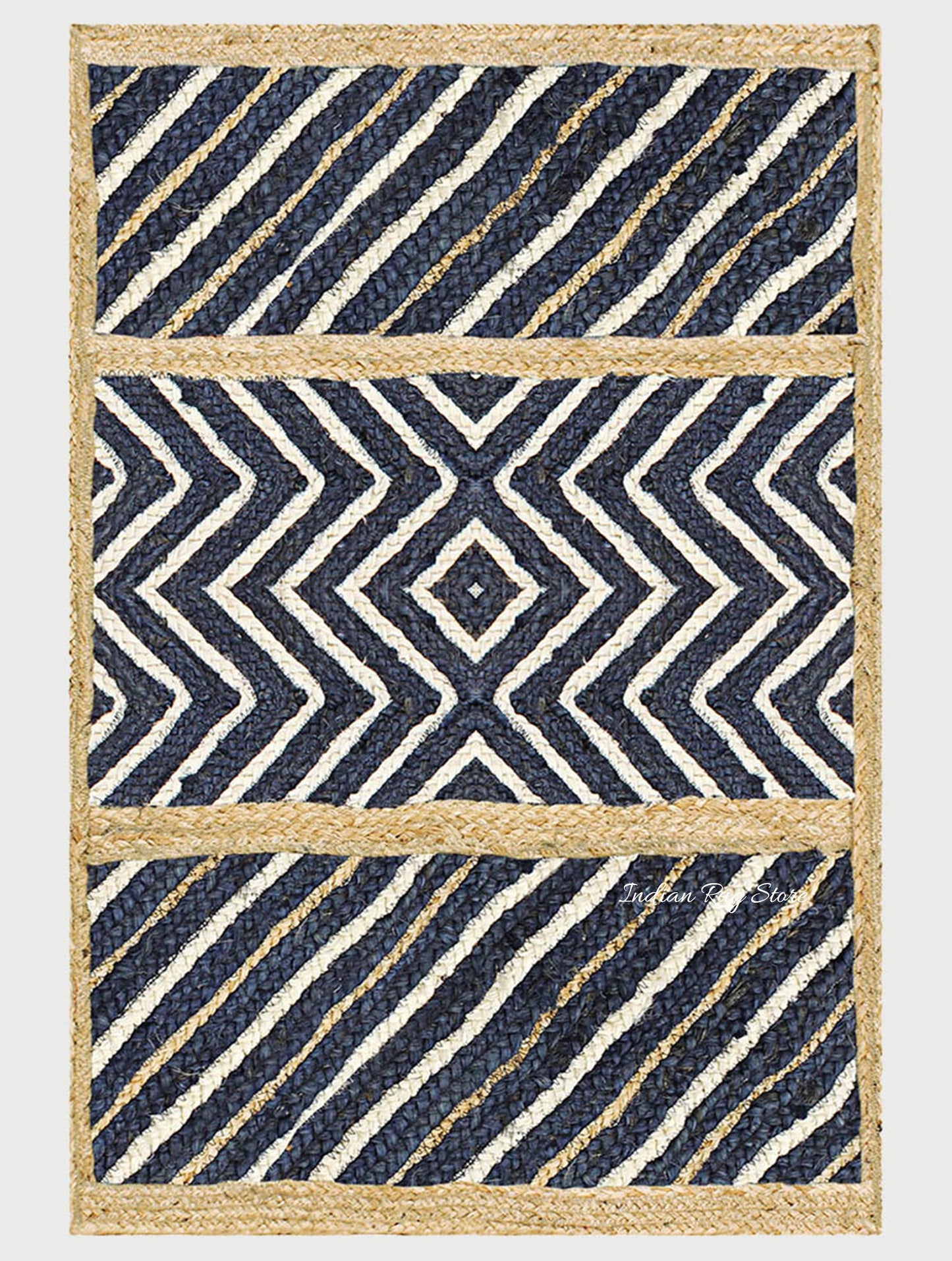 Hand Braided Traditional Beige Blue Dining Room Jute Rug