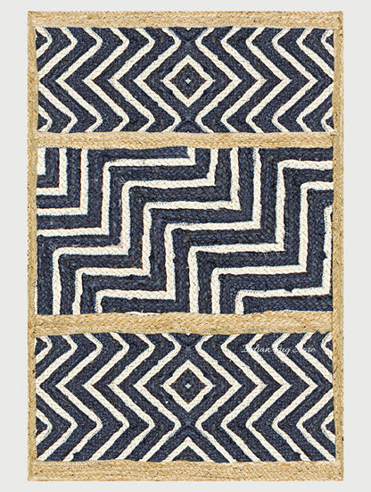 Geometric Hand Braided Blue Beige Living Area Jute Rug